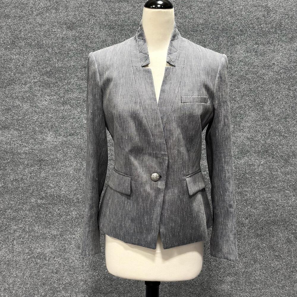 Veronica Beard Blazer Womens 8 Blue Farley Dickey Jacket Herringbone Linen